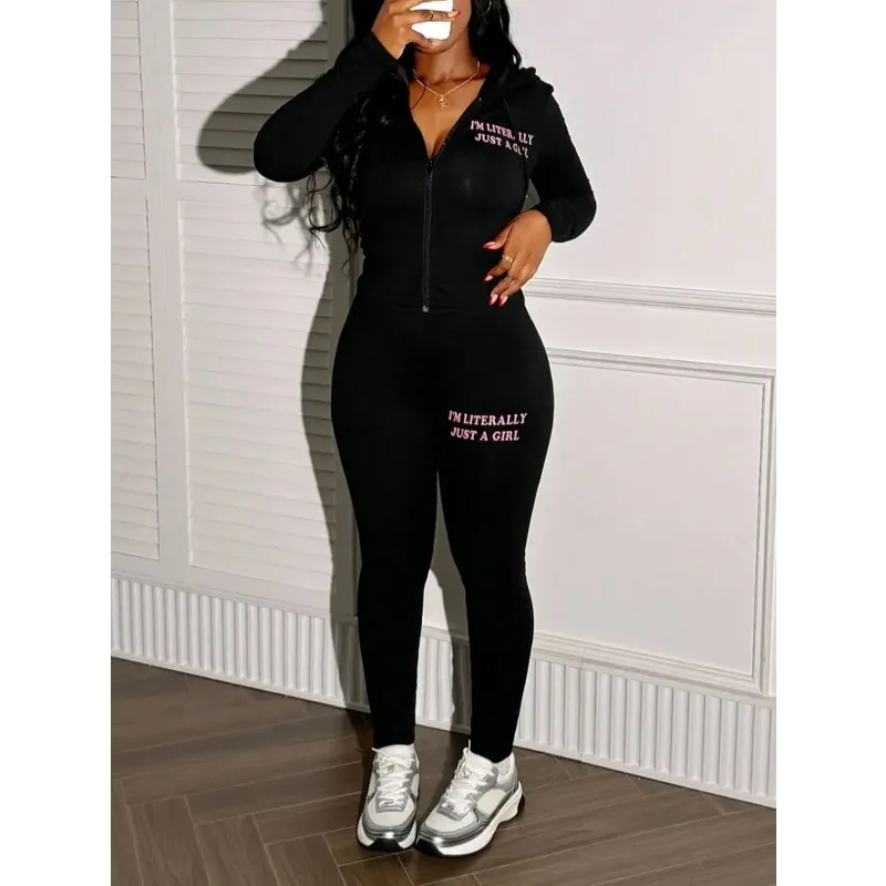 

Женский тонкий повседневный комплект из 2 предметов с буквенным принтом больших размеров, пальто с капюшоном на молнии и длинными рукавами, топы + брюки-карандаш, тренировочные костюмы
