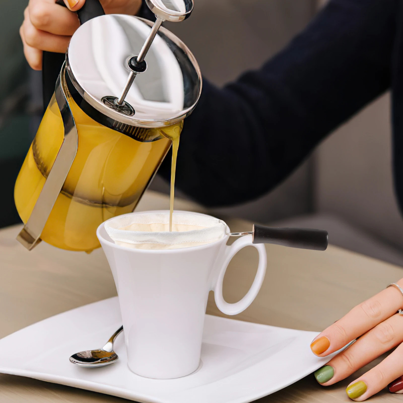 

1Pcs Coffee Filter Bag Reusable Cotton Lint Wooden Handle Non Slip Coffee Strainer Pouch Home Tea Strainer