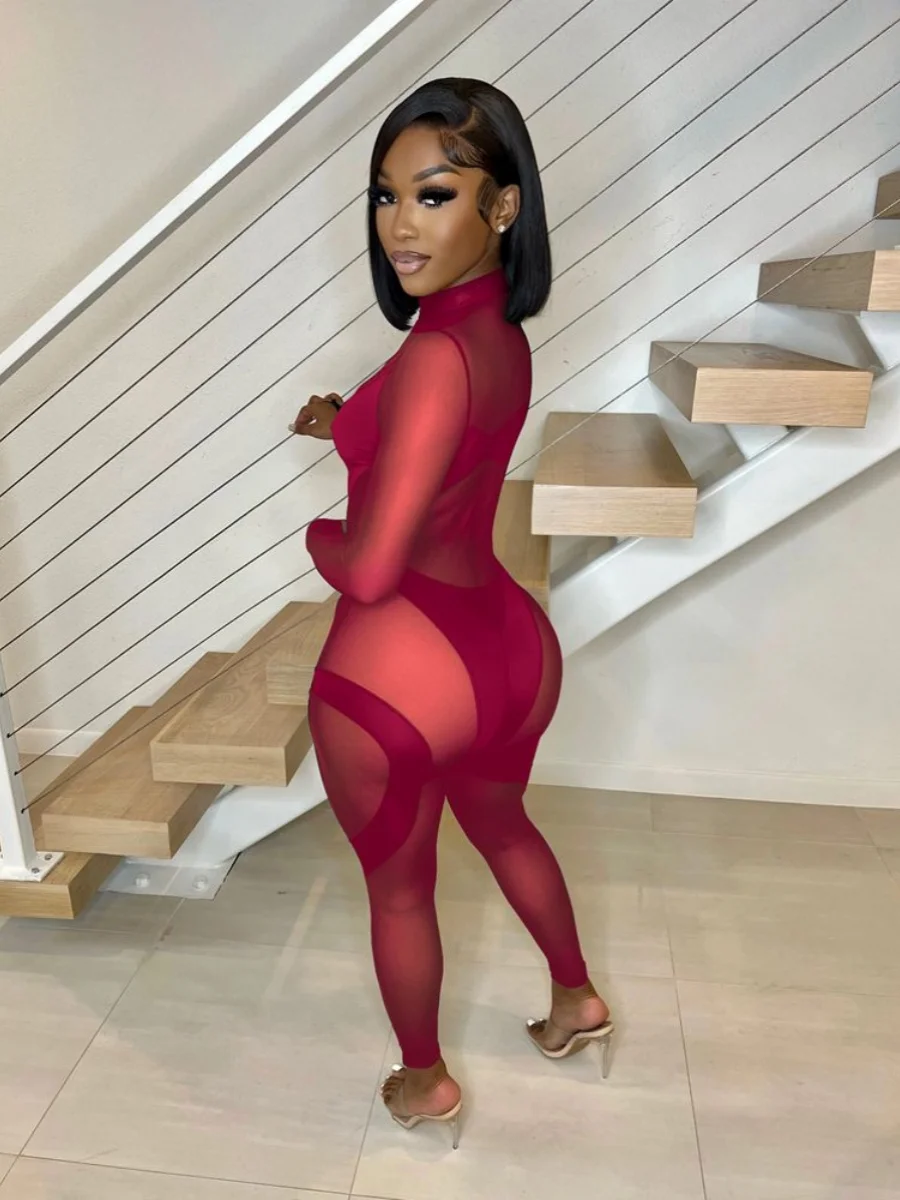 Sexy Me Spliced Perspective Jumpsuit Transparent Street Sle Casual Long Straight Leg Pants Women's Autumn Faion