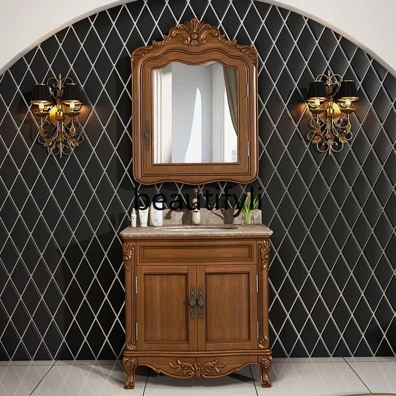 

ss K178 ss25 Small apartment European bathroom cabinet mirror cabinet marble oak, floor-to-ceiling solid wood washstand red oak