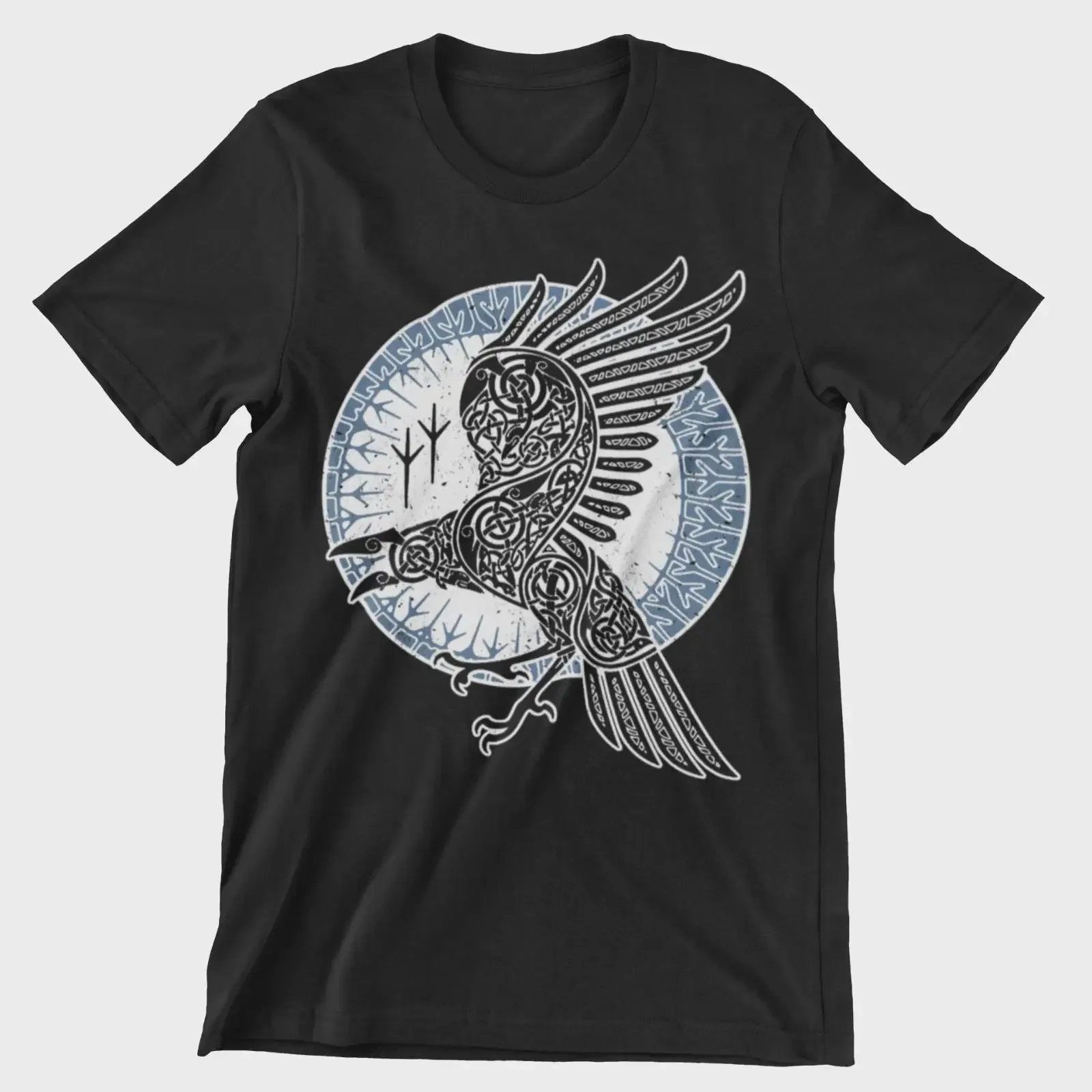 Raven Hugin and Munin Tribal Valhalla Vegvisir Runes Viking T Shirt F34 vintage Washed designer clothes Versatile Breathable