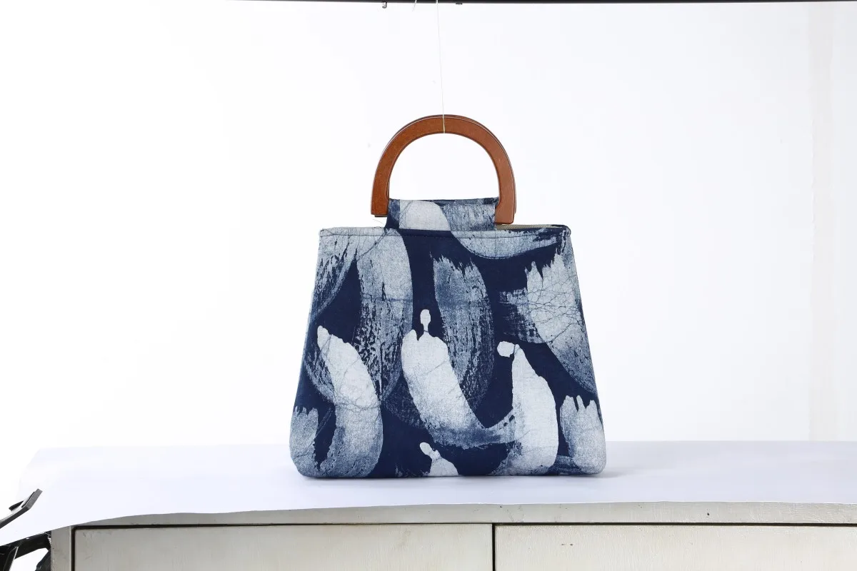 Solid Wood Handle Batik Bags Designer Handbags  Frame Bag  Nature Canvas Cotton Indigo Blue Printing Handmade for Women Girs