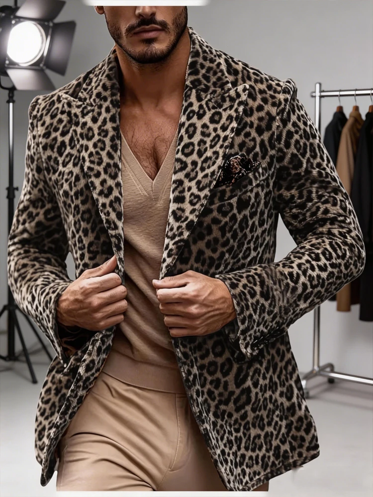 Men’s Leopard Print Velvet Blazer Peak Lapel Slim Fit Sport Coat Luxury Vintage Style Jacket for Party Night Out Male Outerwear