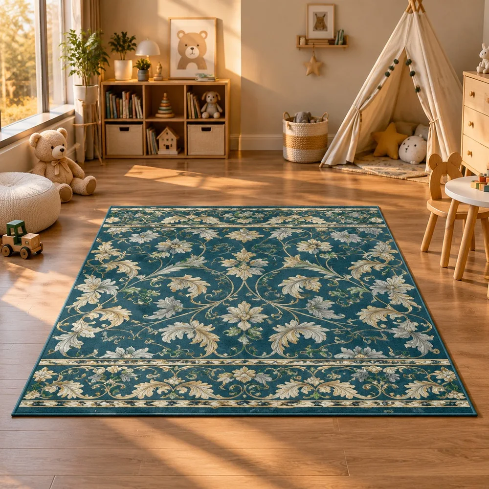 VIKAMA Door Mat Peacock Blue Scroll Floral Trellis Persian Soft Machine Washable Living Room Entryway Sofa Guest Room Home Decor