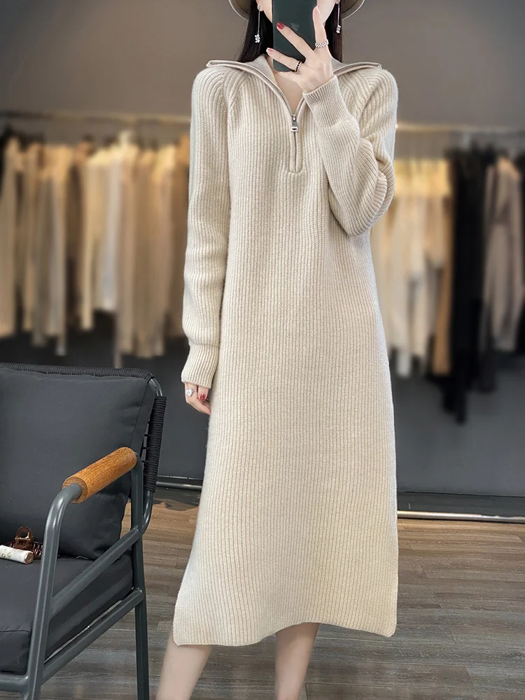 

New Women long Sweater Dress 100% Merino Wool Dress Autumn Winter Zipper Turn Down Collar Cashmere Long Dress Soft Warm Knitwear