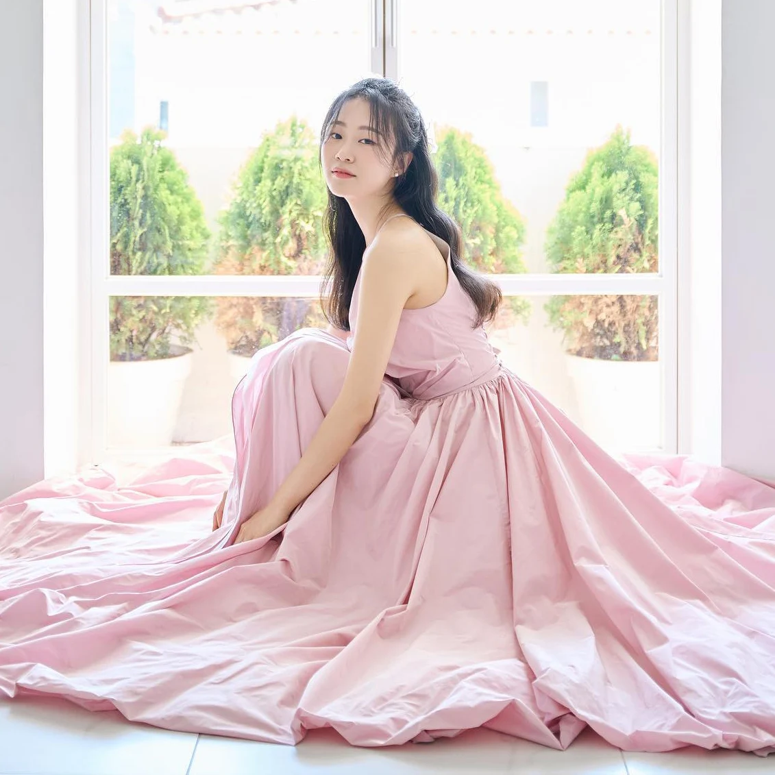 

OEING O-Neck Korea Garden Evening Dresses Pink Pleat Sleeveless Formal 프롬드레스 Floor Length Elegant Prom Grown Party Women Bride