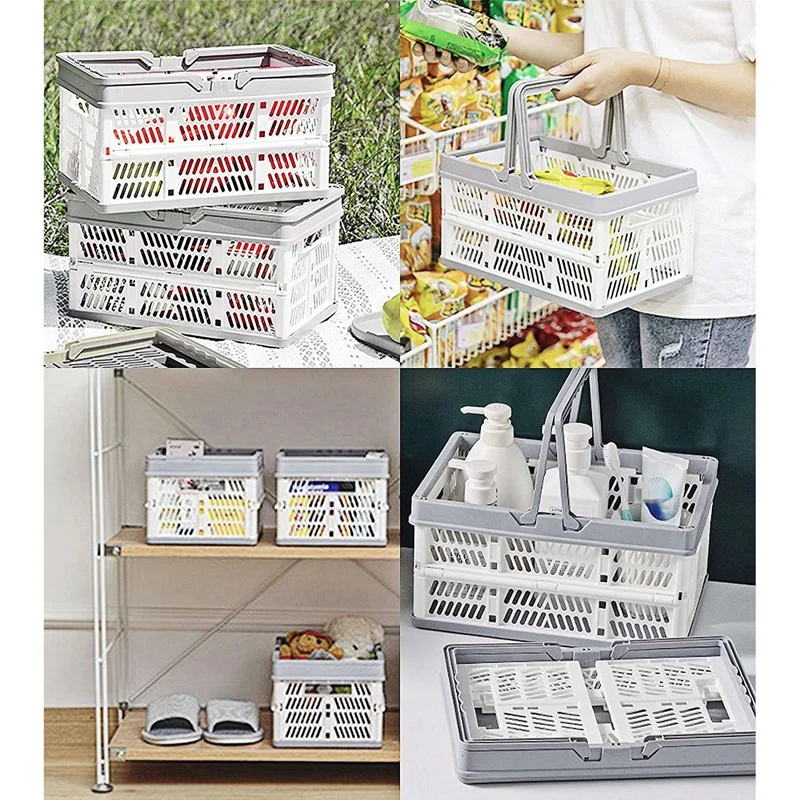 2Pcs Plastic Collapsible Storage Crates With Handles,Stackable Folding Shopping Baskets,Utility Container Organizer Bins