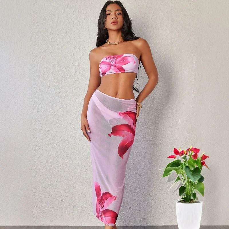 2025 New Bikini Beach Skirt Tunics for Beach Long Leaves Print Bikini Cover up Robe de Plage Sarong Beach Swimsuit cover-ups