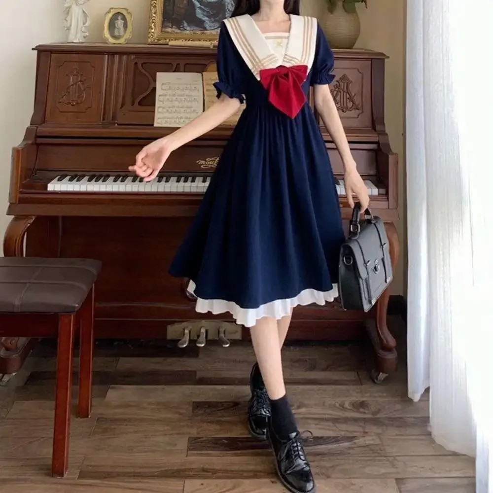 Plus Size 4XL 100KG Summer Lolita Dress For Women Short Sleeve Sailor Collar Dresses Ladies Casual Sweet Dress