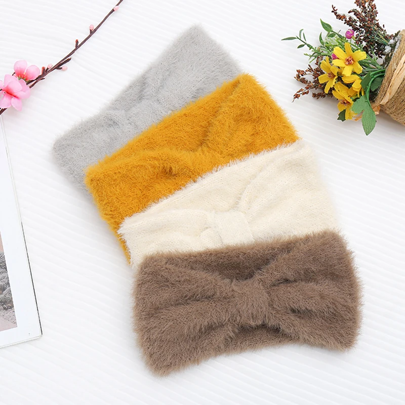 Winter Warm Plush Cross Headbands for Women Girls Soft Wide Imitation Mink Fur Knot Hairbands Turbans Ladies Hair Accessories