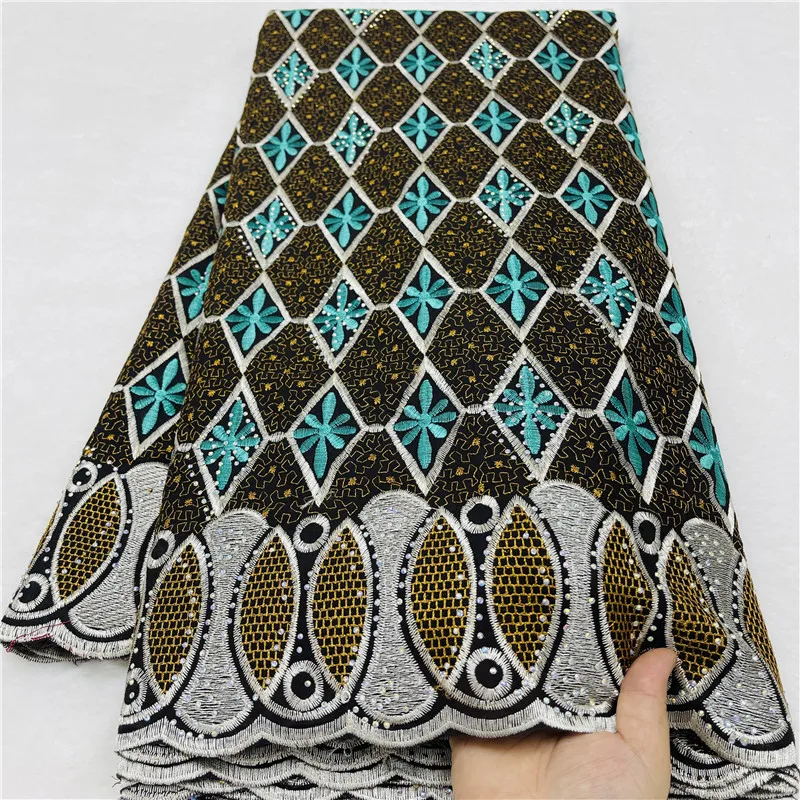 

5-ярдовая тяжелая вышивка бисером, африканская 100% хлопчатобумажная ткань премиум-класса, высокое качество, швейцарская вуаль, кружево, популярный стиль Дубая 12L29501