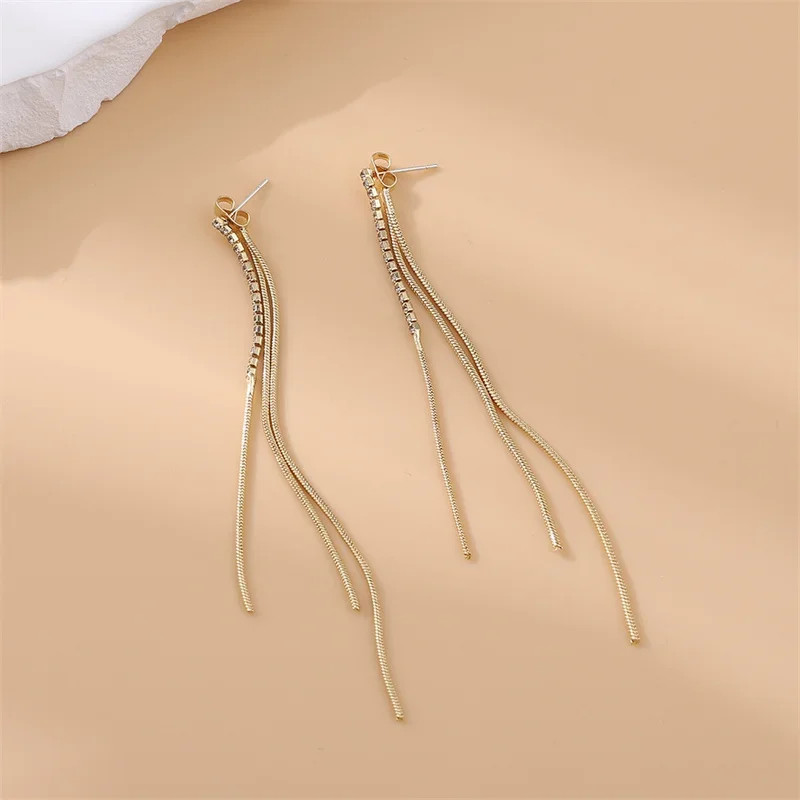 Trend Gold Silver Color Long Zircon Earrings Wire Tassel Chain Drop Earring Women\'s Ear Line Hanging Jewelry Gifts Wholesale