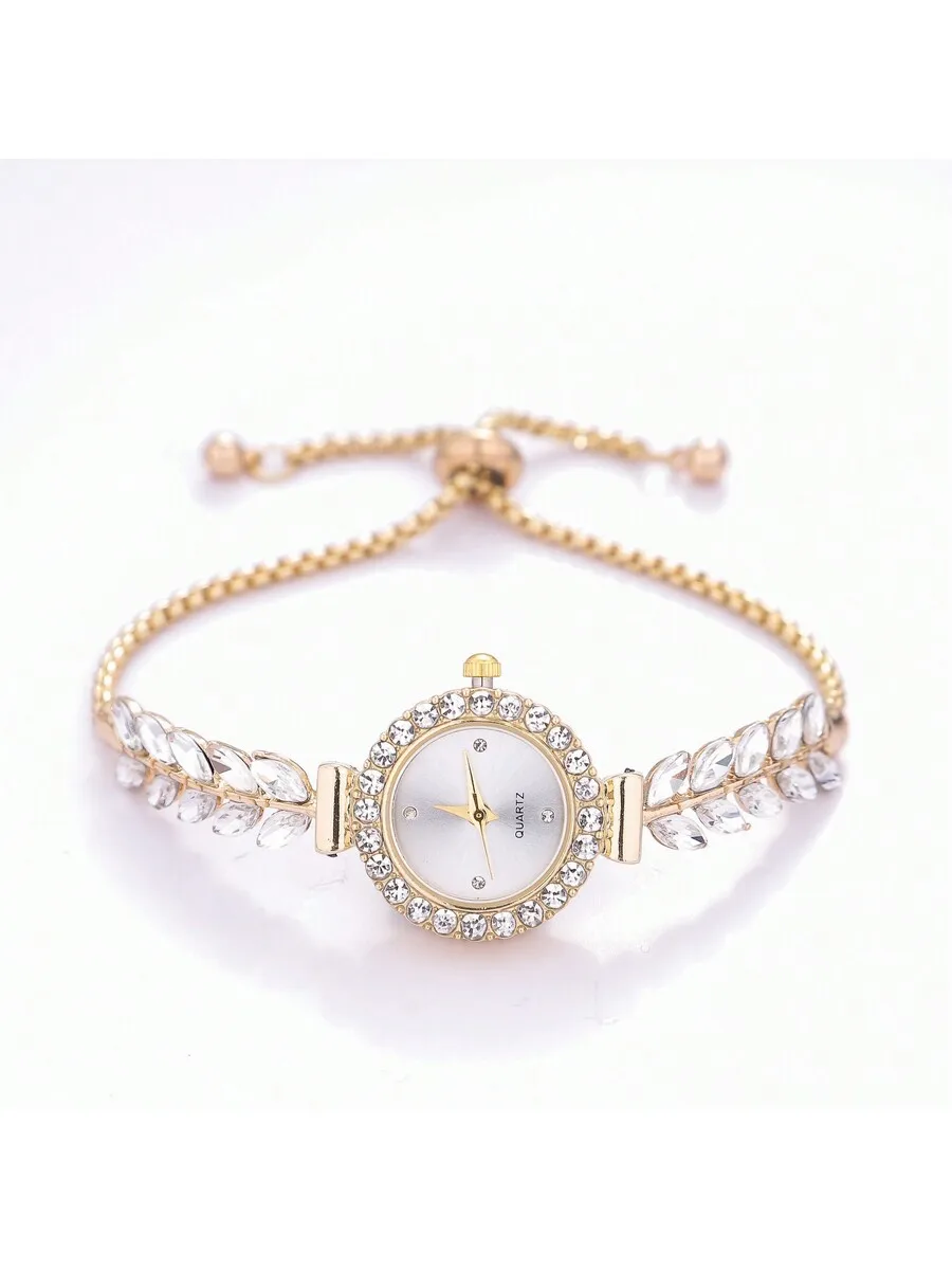 2024 New Casual Fashion Women\ Bracelet Watch, Cute Round Watch Head With Diamond Crystal, Leaf & Feather Pattern Watch Band,