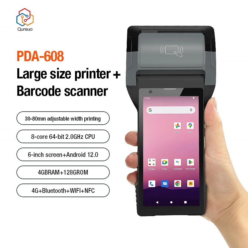 Handheld Android 12.0 PDA Printer 80MM Mobile Receipt Bill Thermal Printer 6 Inch Touch Screen Bluetooth Wifi 1D 2D Scanner