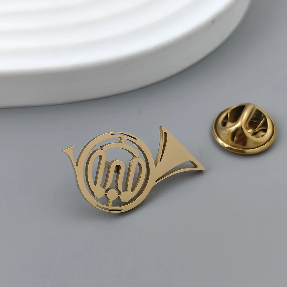 Instrument music trumpet gold-plated badge, men\'s collar brooch black, silver lapel pin, suit accessories set, branded men\'s gif