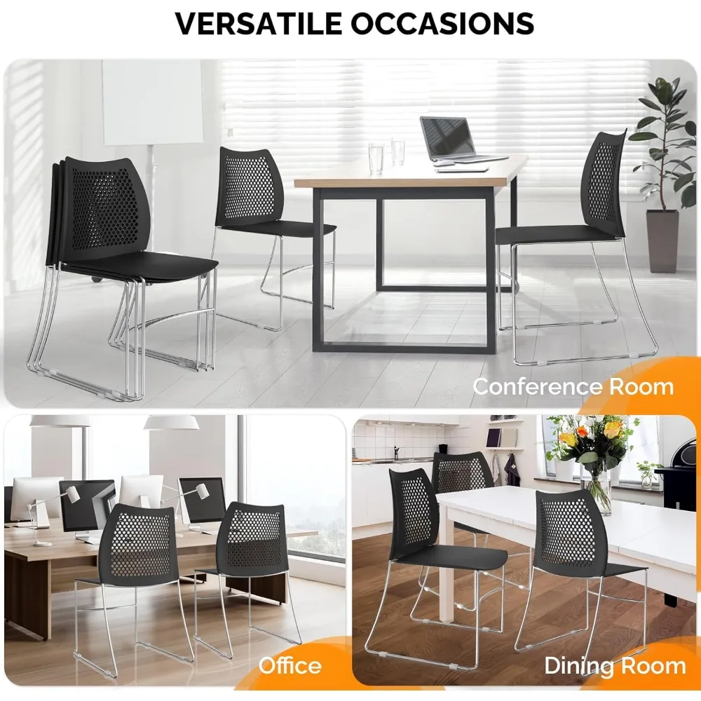 

Stacking Chairs Set of 4 Stackable Office Chairs with Metal Sled Base, Ergonomic Plastic Seat & Holes Back, Stacking Chairs