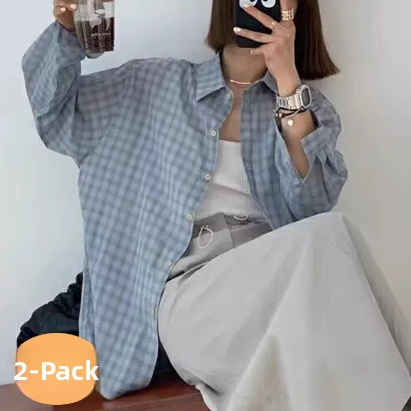 plus Size Women's Summer Shirt Coat Plaid Long Sleeve Loose Thin Sun Protection Casual Fashion Outerwear Mid-Length Design