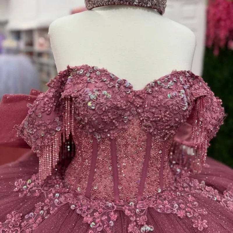 

Shiny rose pink Quinceanera Dress off-shoulder glitter Lace layering Decal Long tail Bow vestidos de 15 Quinceanera ﻿Customize