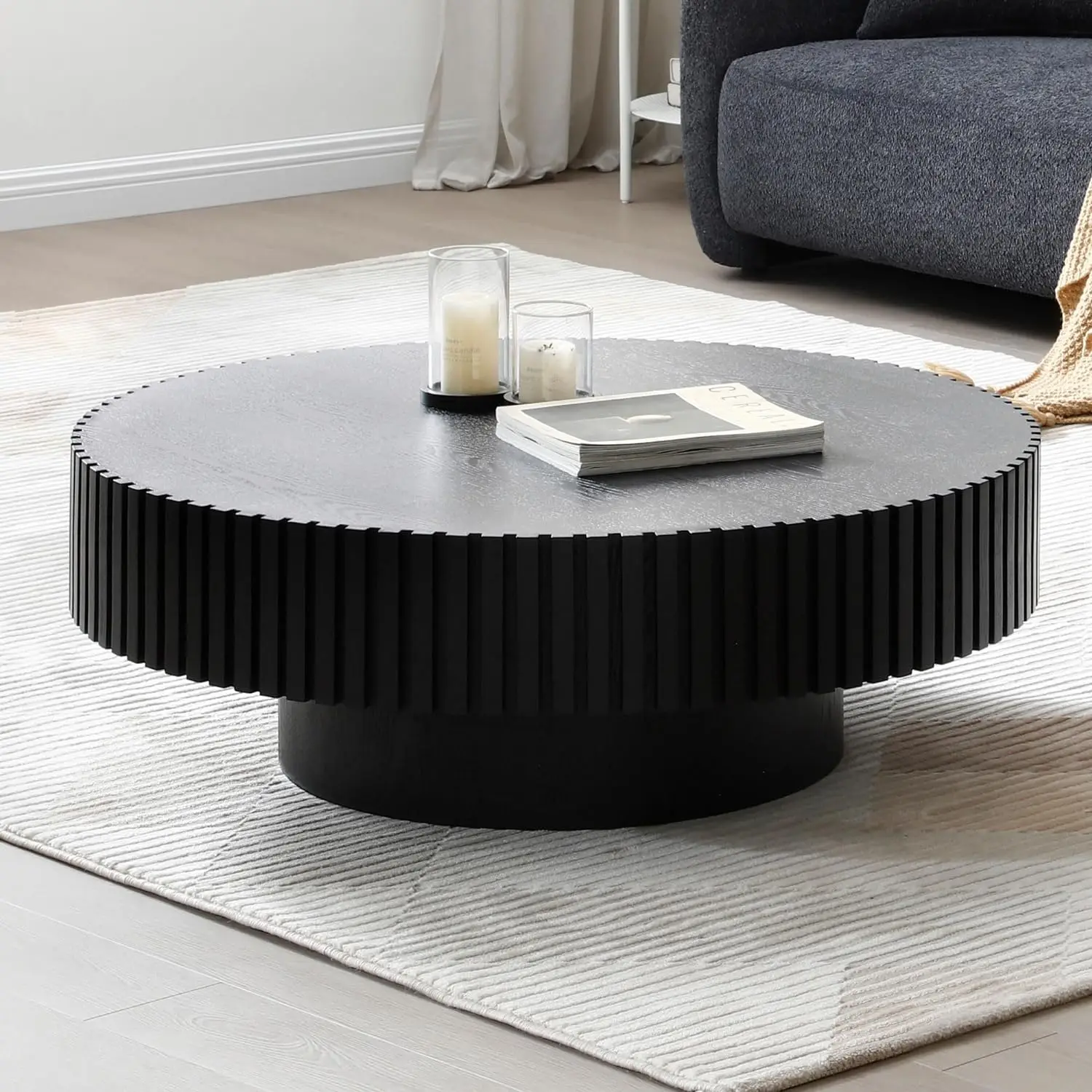 Round Wooden Coffee Table for Living Room, Modern Fluted Drum Side Table, Easy to Assemble for Tight Spaces