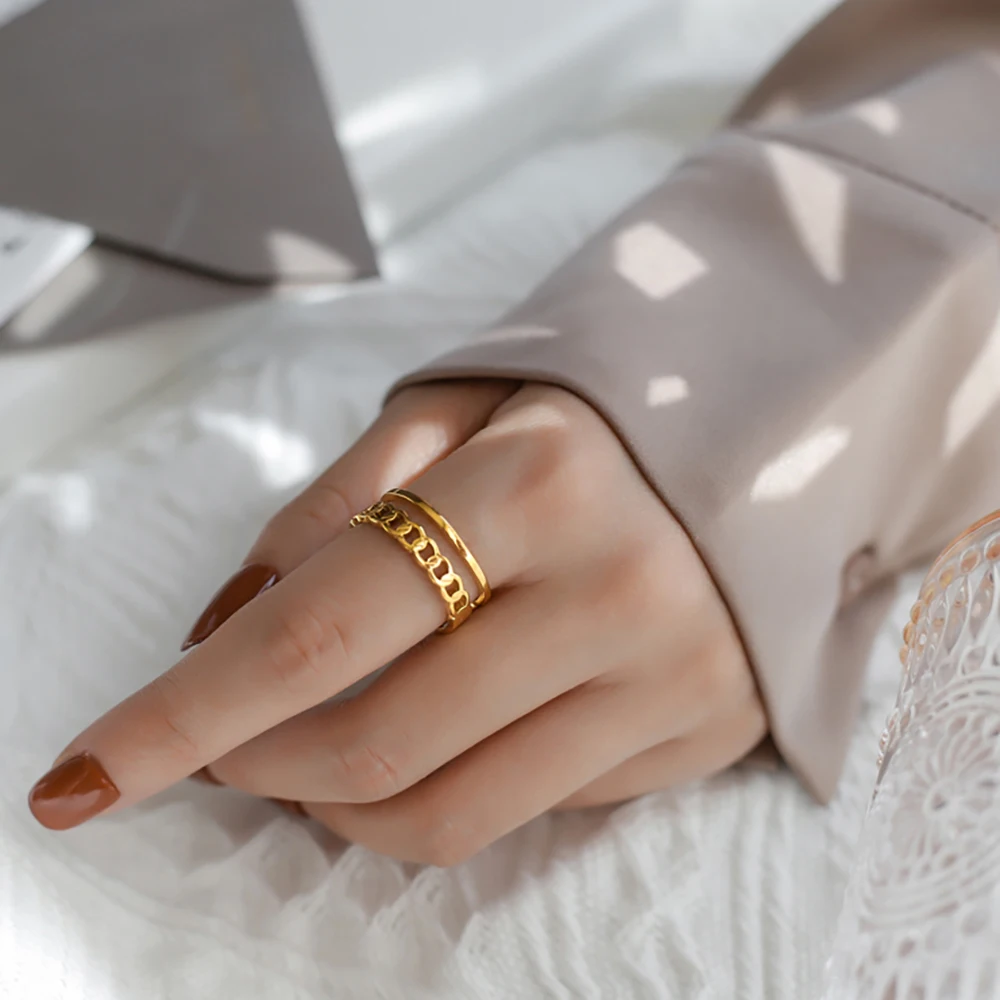 Peri'sBox Punk 2 Layers Hollow Oval Chain Ring For Women Gold Color Trendy Adjustable Opening Ring Hip Hop Simple Geometric Ring image 3