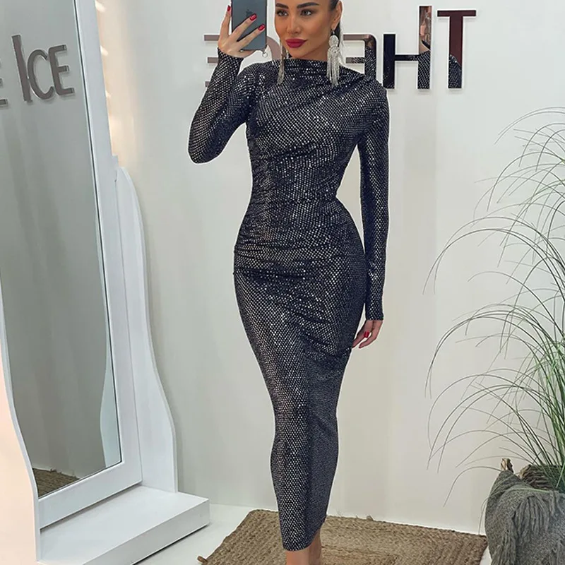 Sparkly Sequin Bodycon Long Sleeve Midi Dress Elegant Party Evening Wear Slim Fit Back Zipper Formal Occasion Cocktail Gown