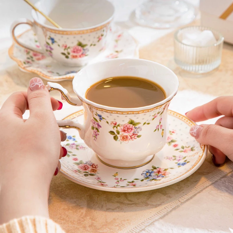 Vintage Flower Ceramic Mugs Relief Rose bow Tea Cup Coffee Cup and Saucer Hand Pinched Retro Relax Time Milk Tea Cups