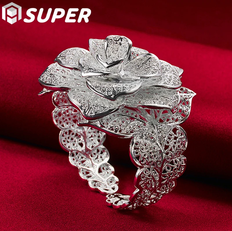 925 Sterling Silver Big Flowers Bangle Bracelet For Woman Wedding Engagement Fashion Charm Party Jewelry