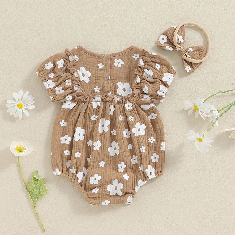 Toddler Baby Girl 2Pcs Summer Outfits Ruffle Short Sleeve Floral Print Frill Romper with Headband Clothes Set Newborn Jumpsuit