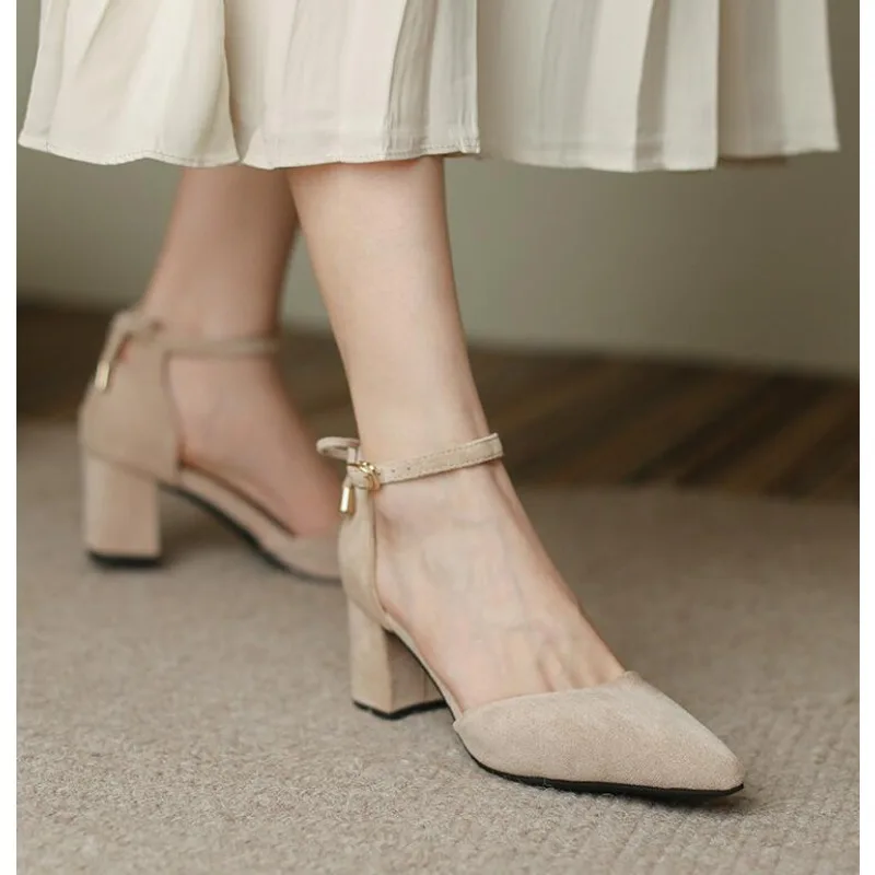 Women's Classic Beige Square Heel Pointed Shoes for Party Ladies Spring Summer Black Buckle Suede Profession Pumps
