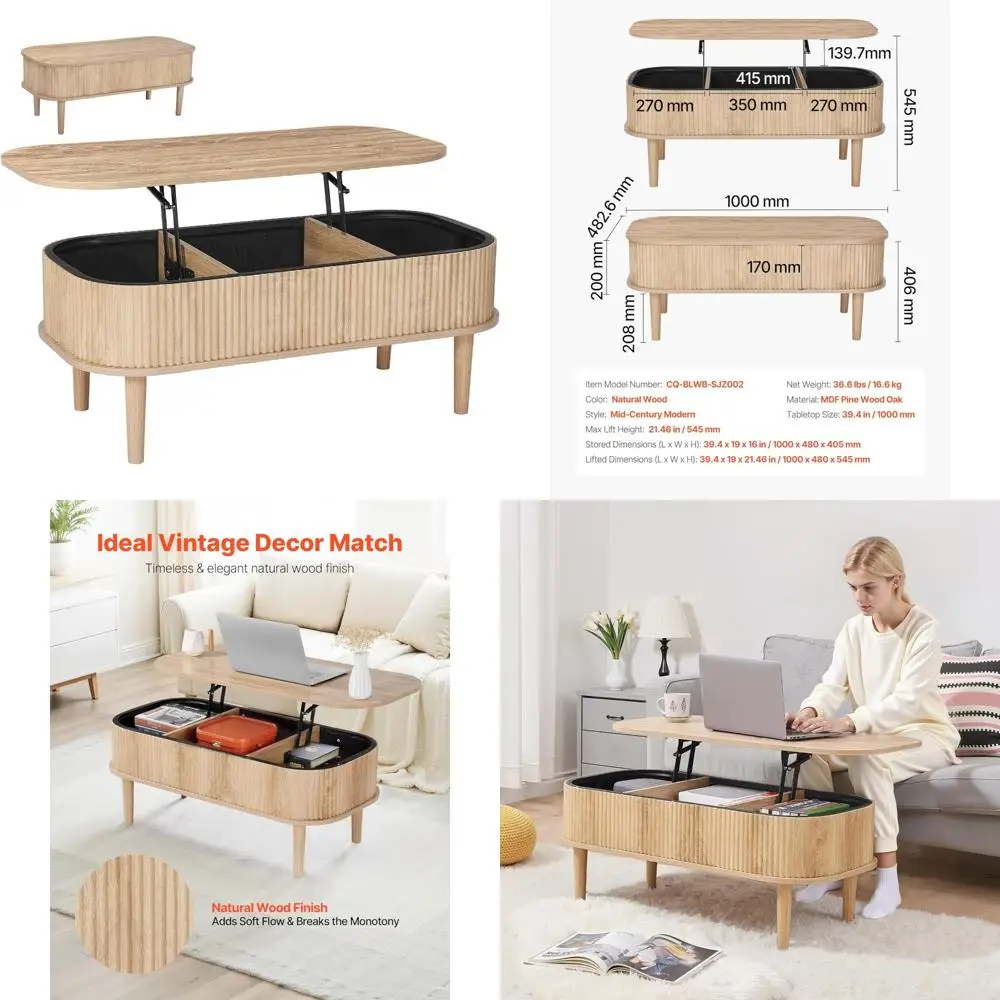 

Oval Lift Top Coffee Table with 3 Hidden Storage Compartments, Mid Century Modern Style