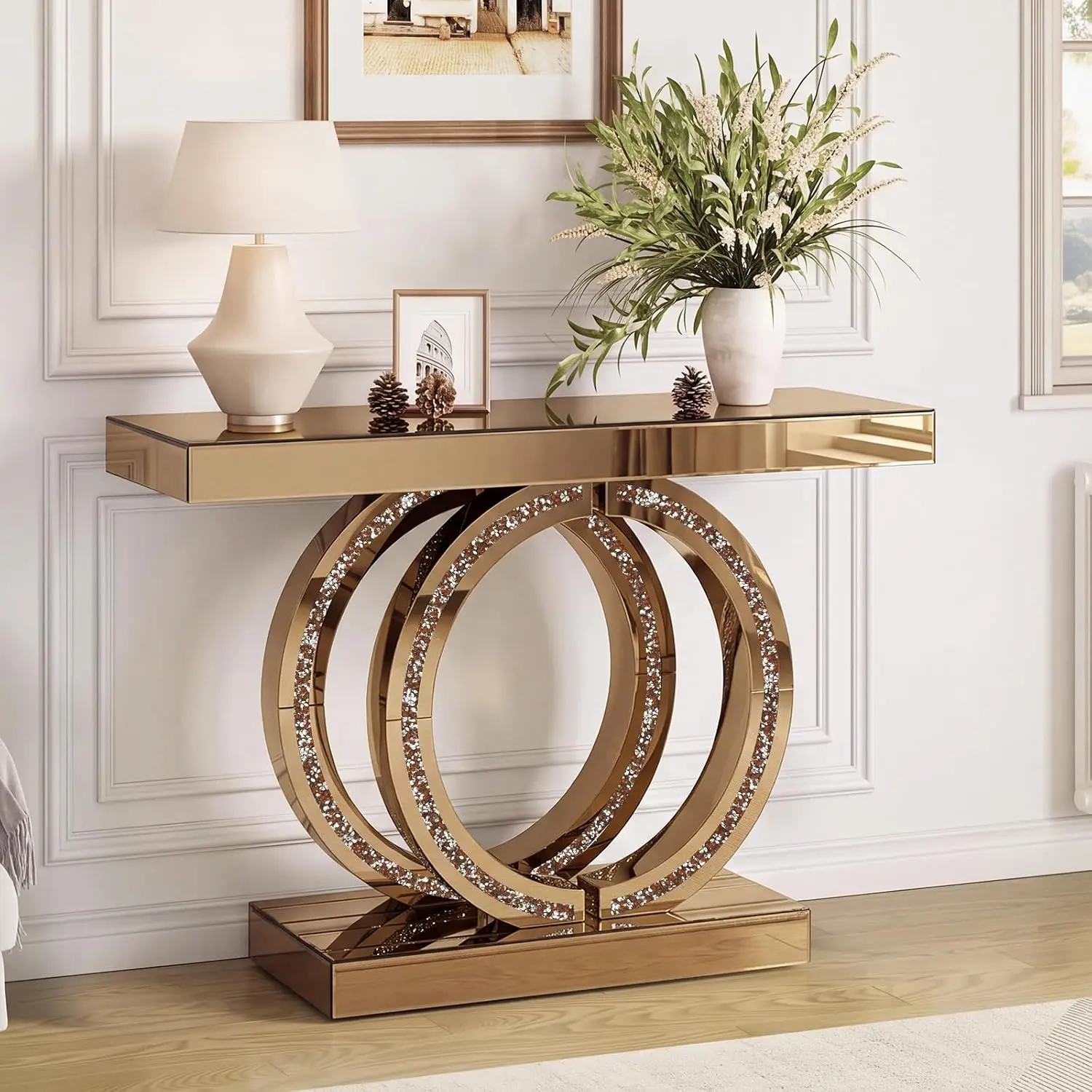Tea Mirrored Console Table Crushed Diamond Inlay, 39.4'' Entryway Table, O-Base Modern Accent Narrow Table, Customized