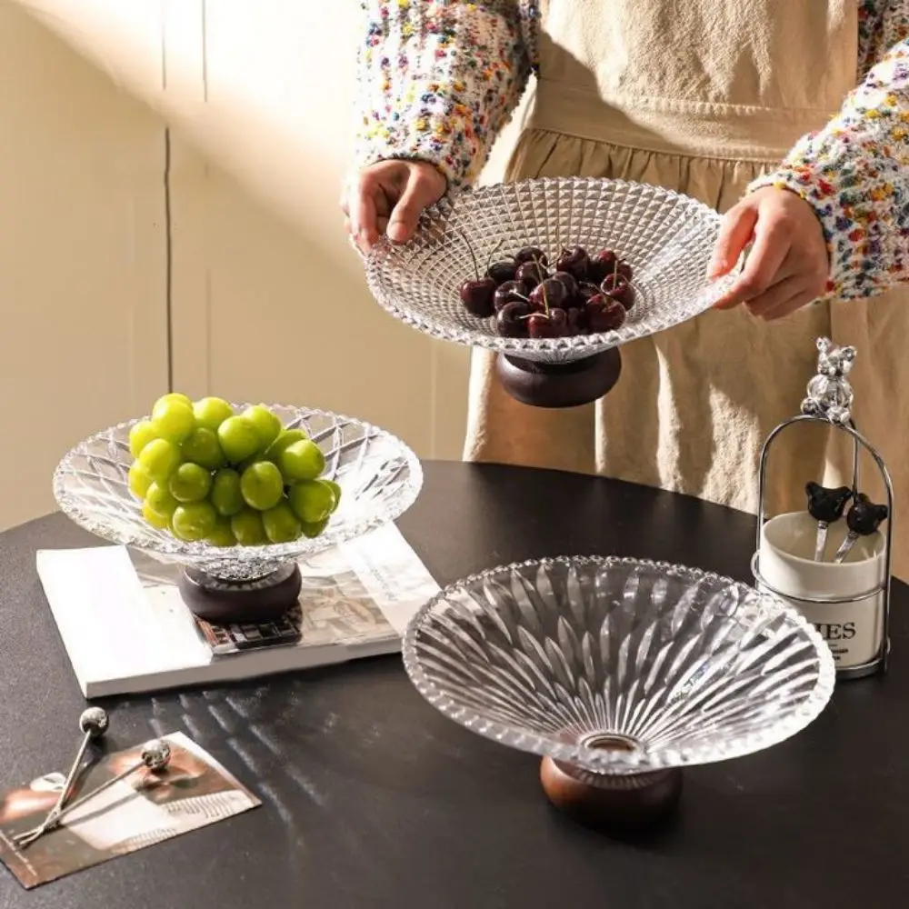

Elegant Transparent French Glass Berry Tray Decorative Wood Base Crystal Snack Platter Large Capacity Fruit Plate Tea Table