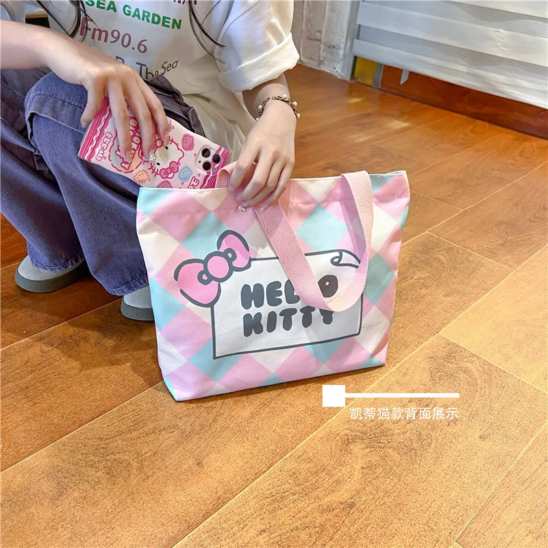 2pcs Kawaii Hello Kitty Canvas Tote Bag For Women Zipper Large Capacity Shoulder Bag Kuromi Cartoon Handbag Ladies Books Bag