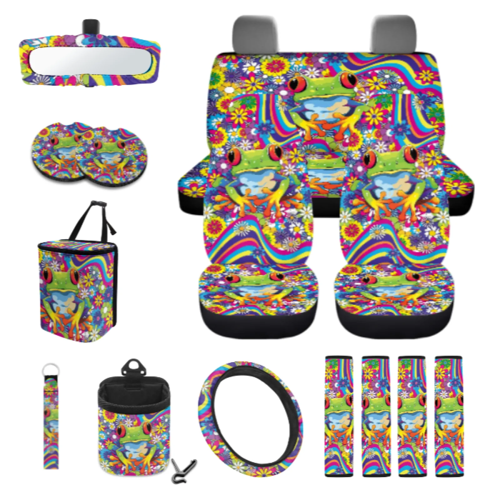 Coloranimal Flowers Theme 15 Piece with Soft Steering Wheel Cover and Car Trash Bag for Cars