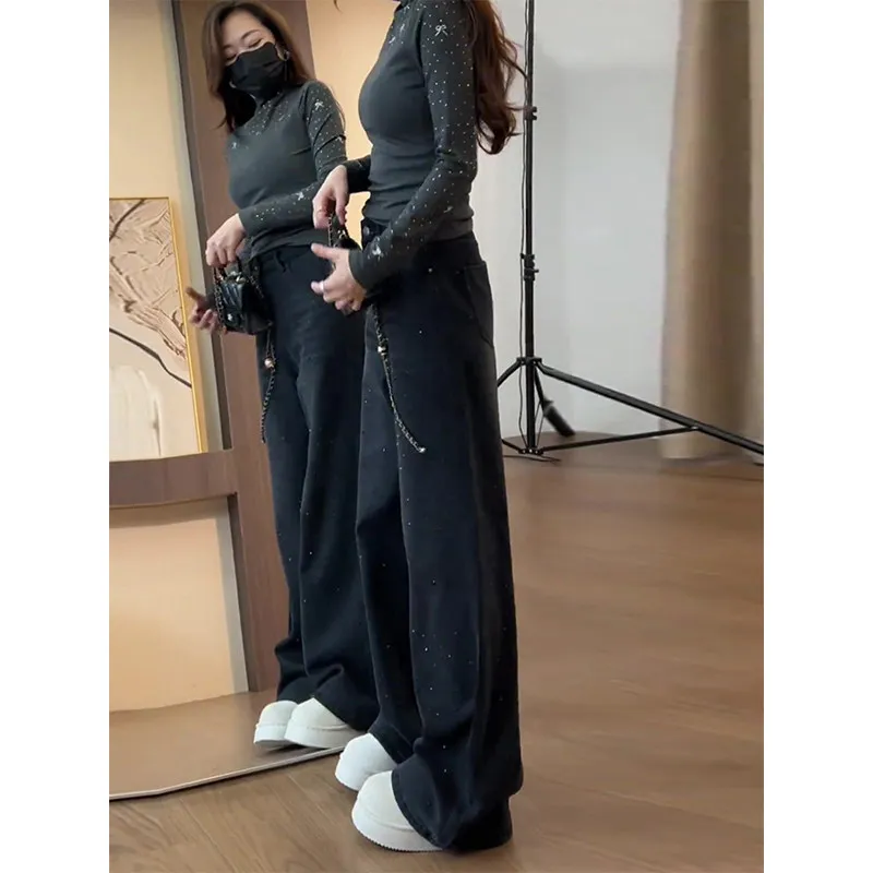 

Black Shiny Wide Leg Jeans Women's High Waist Slim Straight Denim Pants Spring 2026 New Style Sparkling Star Pattern