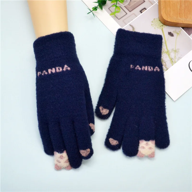 المرأة سبليت فنجر قفازات محبوك قفازات الكرتون أفخم مكافحة الباردة شاشة تعمل باللمس الأحمر الباندا نمط قفازات دافئة نمط جديد