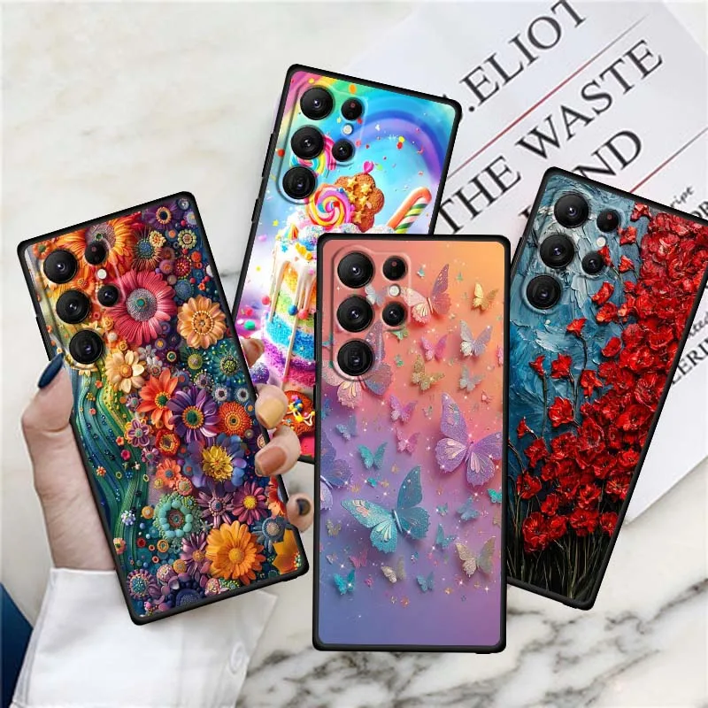 

Art Color Flower Butterfly For Samsung Galaxy S25 S24 S23 S22 S21 S20 S10 Ultra Plus FE 5G Black Soft TPU Cover Phone Case
