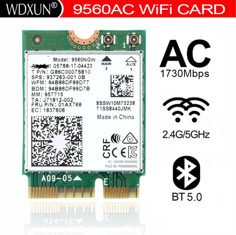 WDXUN New Dual-Band Wireless AC 9560ac  ac9560 9560ngw 802.11ac  2.4G / 5G 2x2 Wi-Fi Card Bluetooth 5.0 NGFF /M.2