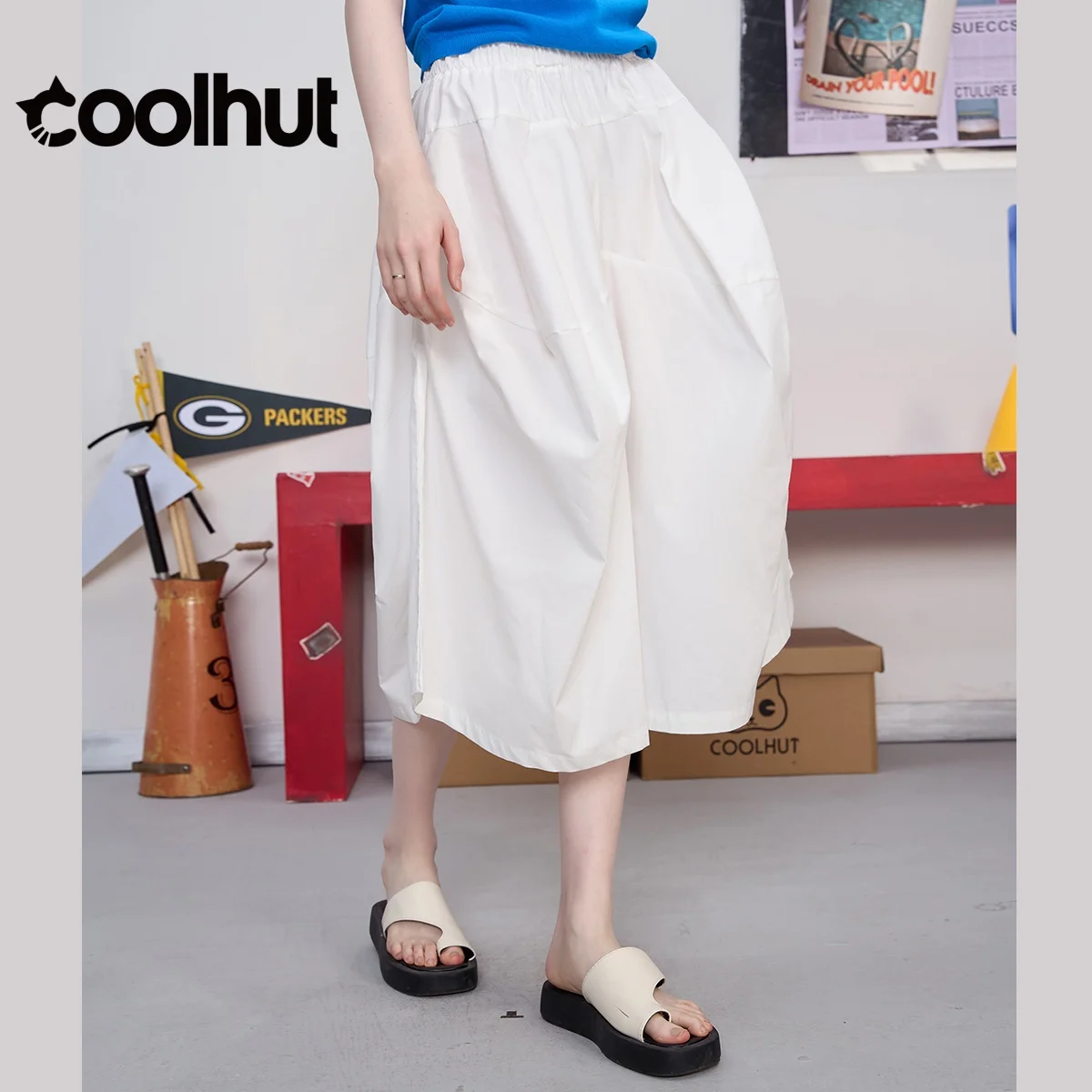 COOLHUT Women's 2025 French Style Solid Color Cocoon Hem Flared Midi Skirt Wide Leg Elastic Waist Summer Casual Cropped Pants
