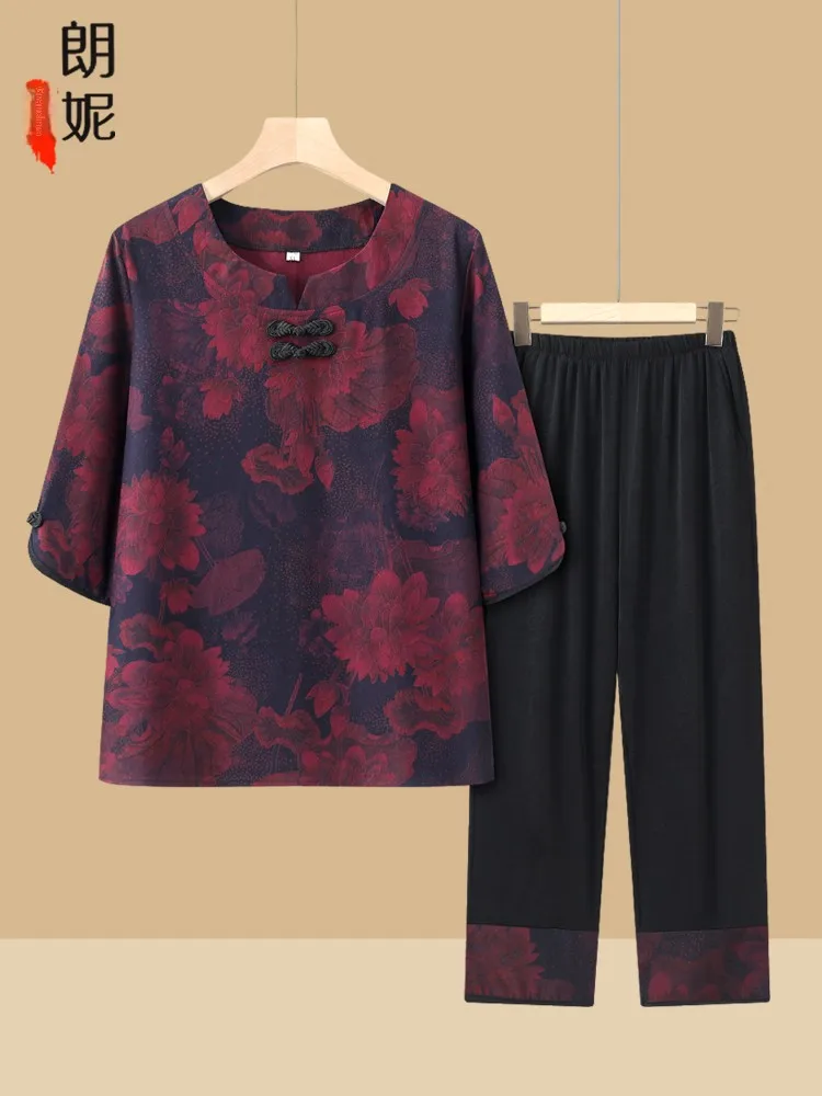 

Cotton Linen Set Women's Mom Summer Sve Ethnic Faion Set 60 ly Summer Clothes Two-Piece Set Loose Fit Embroidered