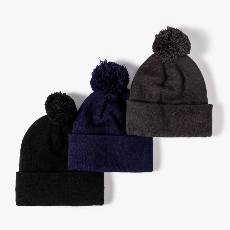 

Knitted Cap Autumn Winter Hats For Men Women Beanie With Pompom Casual Korean Ear Protection Hat Cap Woman Solid Black Keep Warm