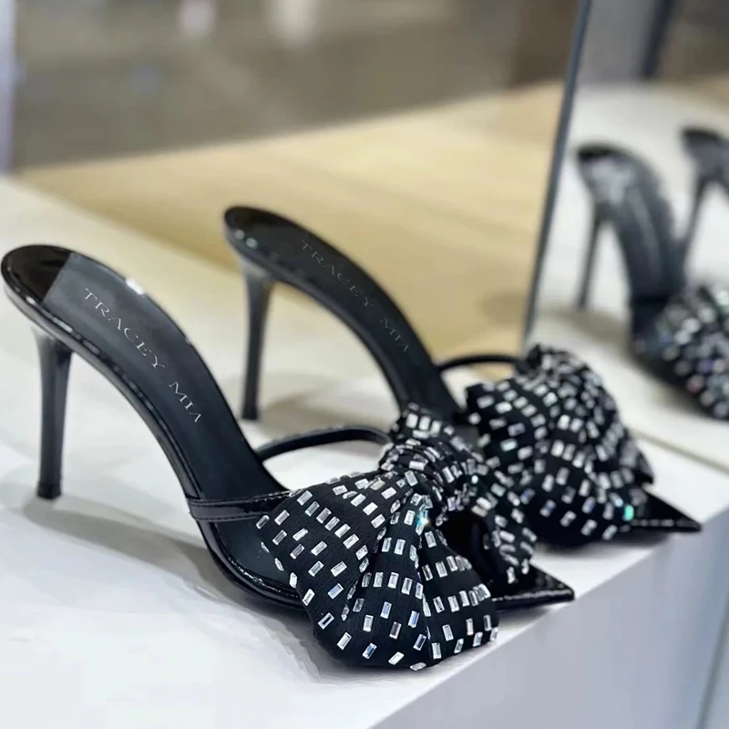 

Тапочки с открытым носком и бантом с кристаллами, уличные женские туфли-лодочки на тонком каблуке с открытой пяткой, летние сандалии без шнуровки, женская обувь, Zapatos Mujer