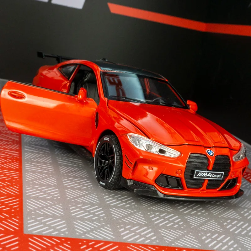 1:32 portas de modelo de carro em liga BMW M4 e capô do motor, porta-malas pode ser aberto, carro de brinquedo infantil com funções de som e iluminação