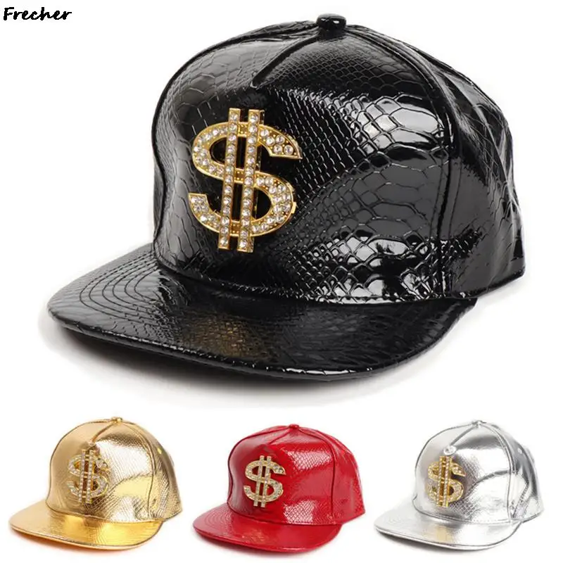 Crocodile Pattern Dollar Hats Hip Hop Baseball Caps Bright Leather Snapback Hat Unisex Metal Golden Diamond Cap Gorras Cool