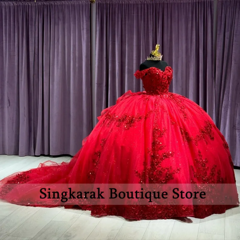 Luxury Red Quinceanera Dresses 2024 Ball Gown Floral Applique Crystal Sweet 16 Dresses Birthday Party  dress Customized