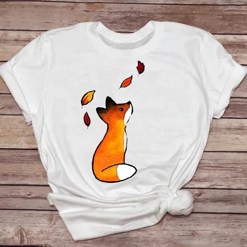2026 New Women T-shirts Watercolor Fashion Short Sleeve 90s Fox Animal Ladies Print Graphic T Top  Lady Shirt Travel Tee T-Shirt