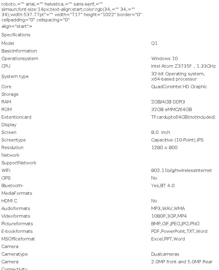 8 INCH Q1 8GB RAM 128GB ROM Windows 10 Tablet PC Quad Core Dual Camera Build in 4000mAh Battery Big Sale