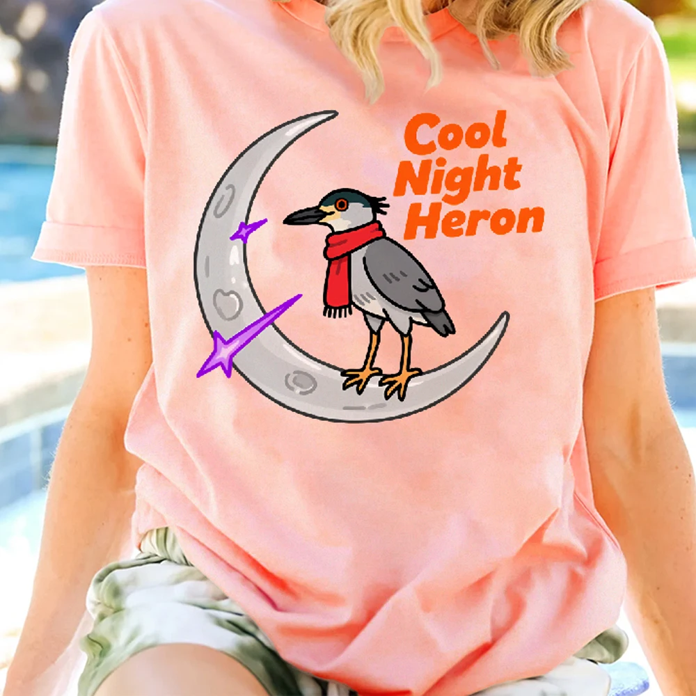 

Y2K Cotton Casual Women's T - Shirt, Short Sleeve Round Neck Fitted, Colorful Cute Cartoon Cool Night Heron On The Moon