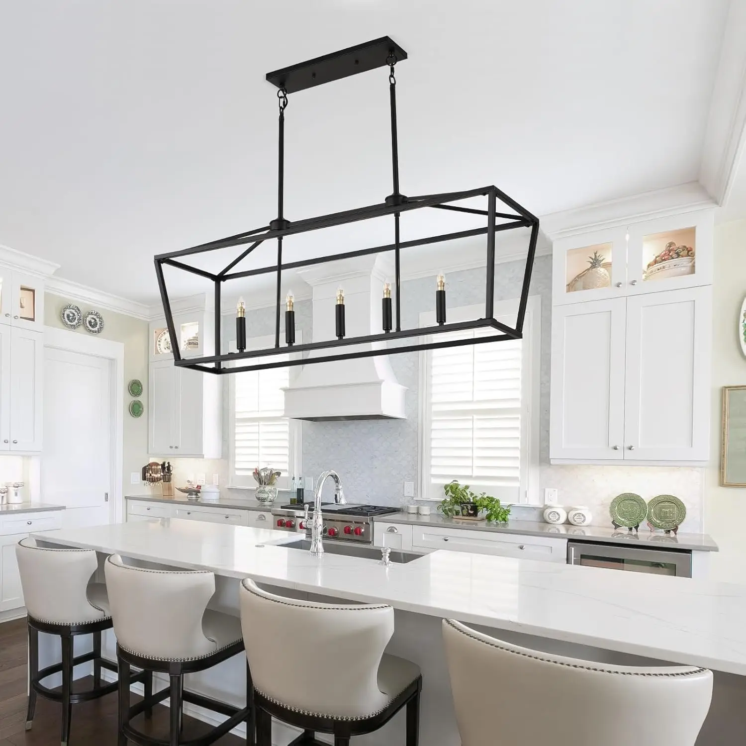 5-Light Black Farmhouse Chandelier - Adjustable Hanging Pendant for Dining Table, Kitchen Island & Living Room