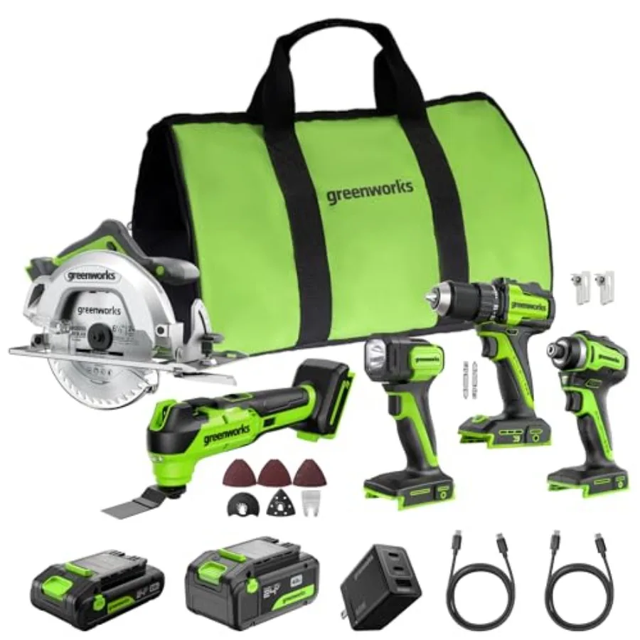 24V 5-TOOL Combo (Drill + Impact Driver + Circular Saw + Multi-Tool + Flashlight), 4.0Ah + 2.0Ah (24, 000mAh Power Bank) Batter